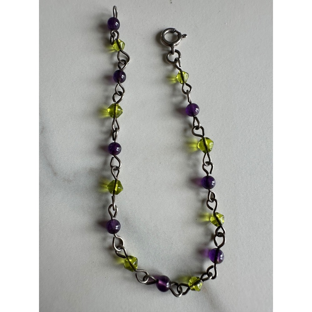 Vintage Purple and Lime Green Glass Beaded Chain Bracelet Silver Tone 7.5 Inch